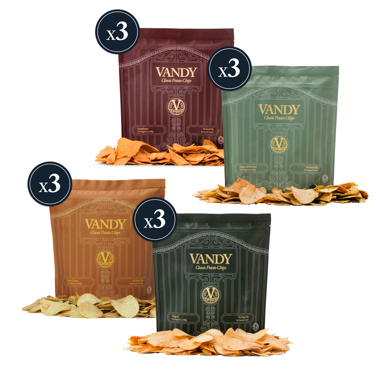 Four packages of Vandy Classic Potato Chips with chips spilling out on a white background